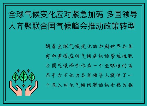 全球气候变化应对紧急加码 多国领导人齐聚联合国气候峰会推动政策转型